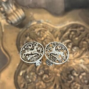Vintage SAC Silver Tone Galloping Horse Clip-On Earrings Western Statement